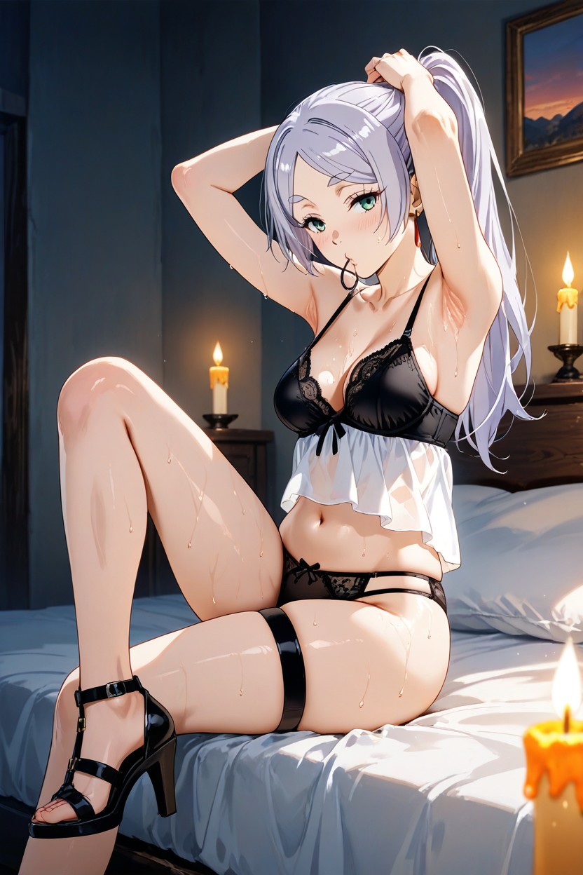 Perfect Long Legs, She's Holding A Hair Tie In Her Mouth, Side View Hentai AI Porn