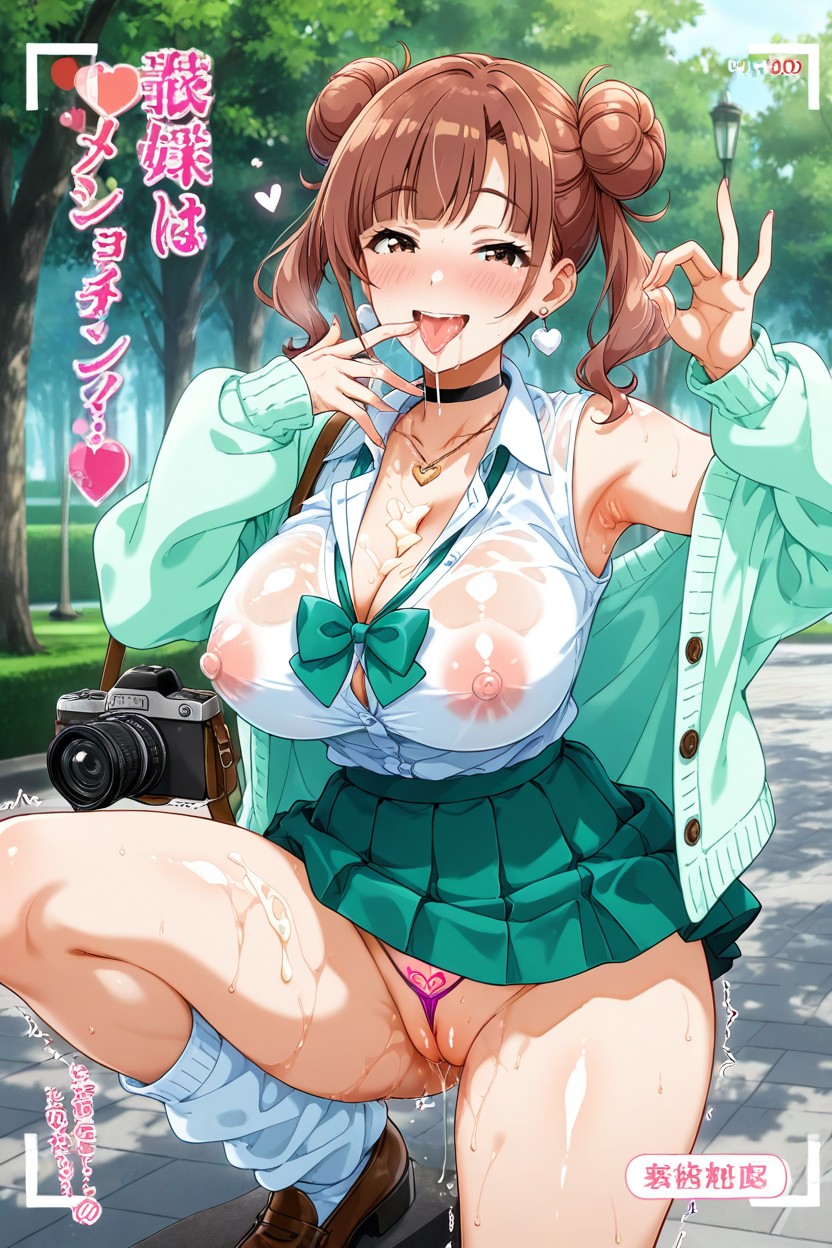 Japanese Text Everywhere, White Uniform-style Blouse With Structured Collar And Front Buttons, Choker Hentai AI Porn