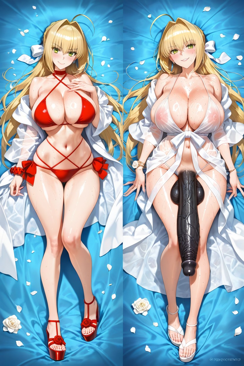 See-through White Robe, Paired With Red Platform Sandals And White Ribbons In Her Blonde Hair, Pony Cock Hentai AI Porn