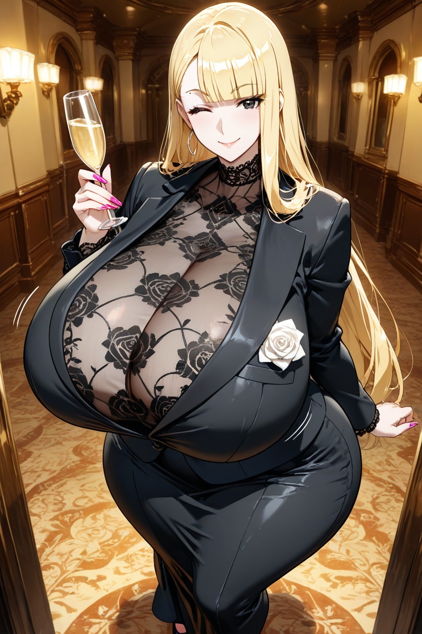 Wide Hips, Blonde Hair, Black Men's Formal Suit Hentai KI Porno