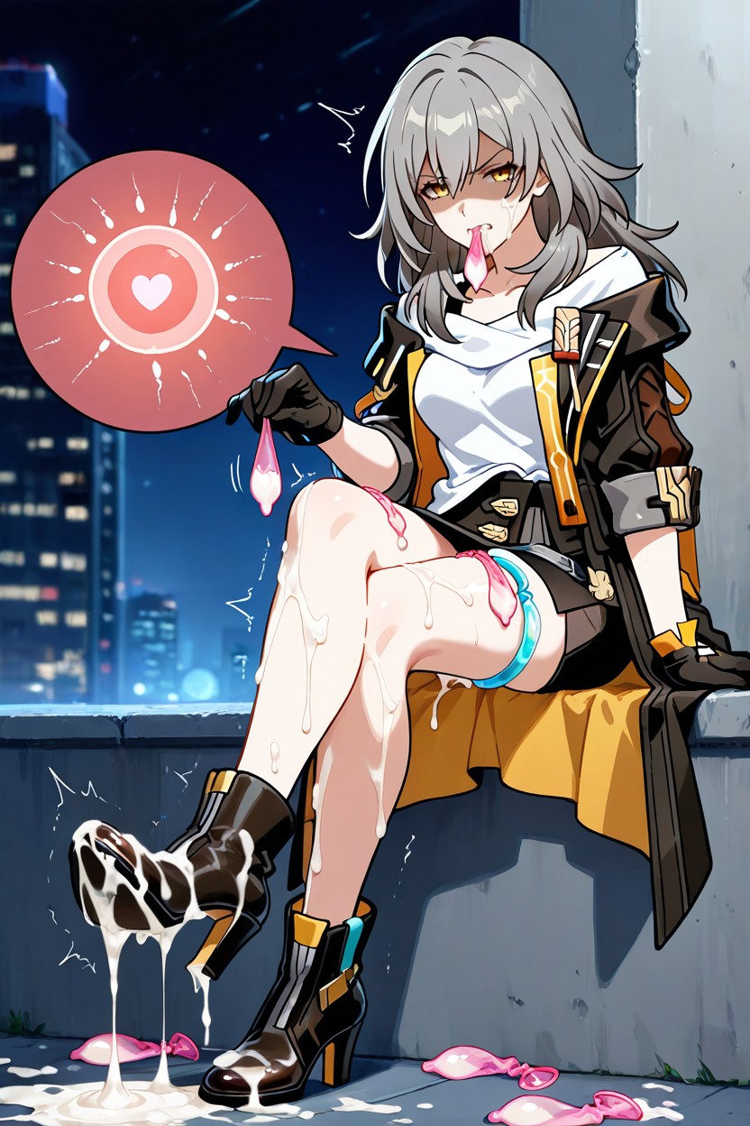 Condom, Excessive Cum, Shaded Face Hentai IA pornografia