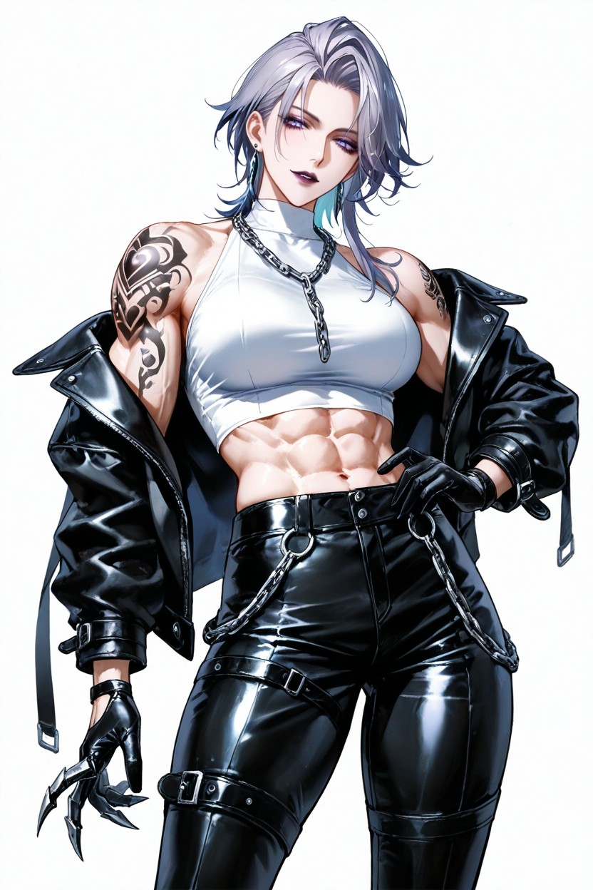 Futa, Deep Side-parted Hair With One Side Slicked And Pinned Back, Looking Down At The Viewer Hentai AI Porn