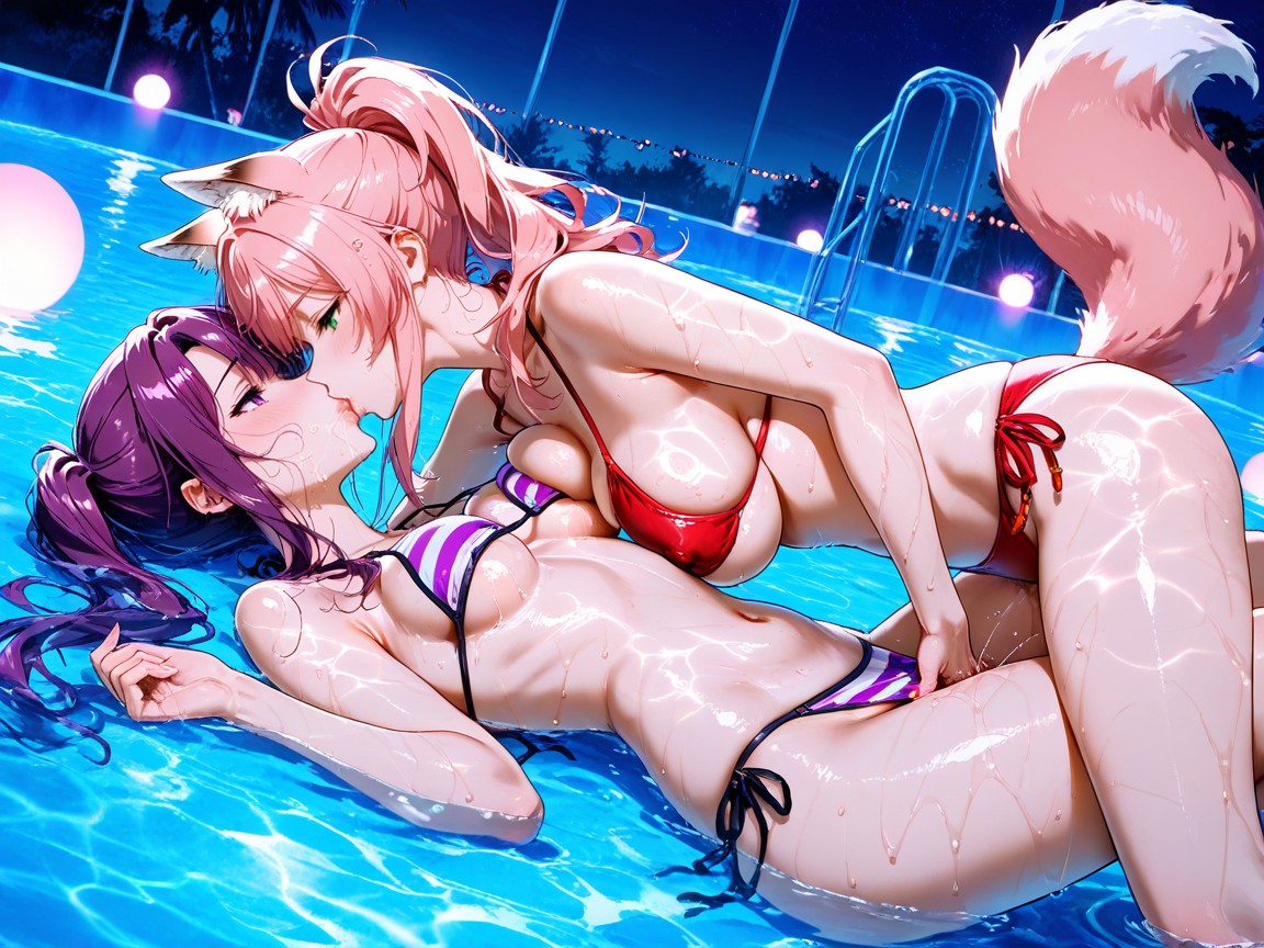 Allongé, Large Breasts Only On Pink Fox Woman, High Resolution Porno IA Hentai