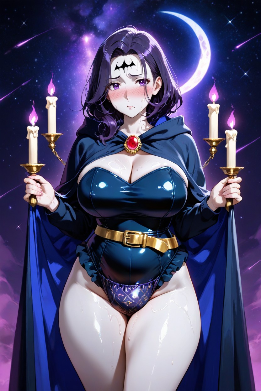Dark Purple Hair With Messy Bangs And Widow's Peak, Stars, Ruffled Booties Hentai AI Porn