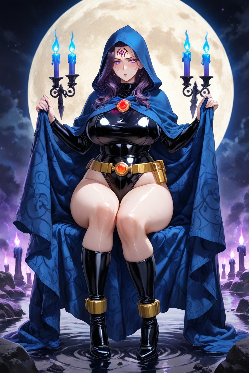 Ruffled Booties On Feet, Visible Wetness Sheen, Messy Dark Purple Hair With Bangs And Widow's Peak Hentai AI Porn