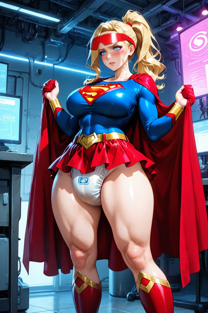 Gold Belt As Restraint Strap, Adult Blonde Woman, Red Frilly Booties Hentai AI Porn