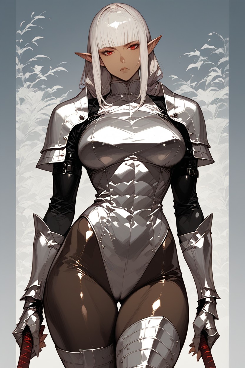 Perfectly Portion Legs, Red Eyes, From Which Layered Armored Tassets Drape Over Her Hips Hentai IA