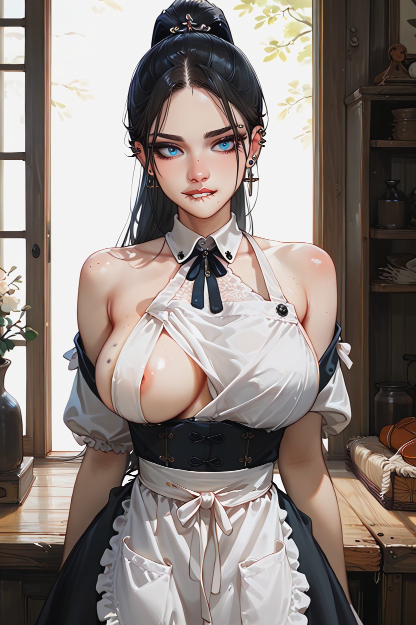 Long Black Hair In High Ponytail, Provocative Expression, Half-finished Toys 헨타이 AI 포르노