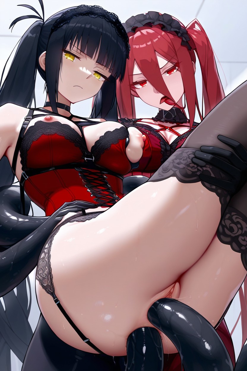 Deep Crimson Fabric, Medium Breasts, Pinching Nipples Hentai AI Porn