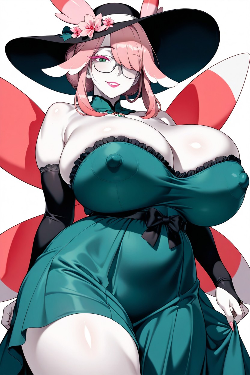 Pink Flower On Sunhat, Lurantis Tail, Black Bridal Gauntlets 헨타이 AI 포르노