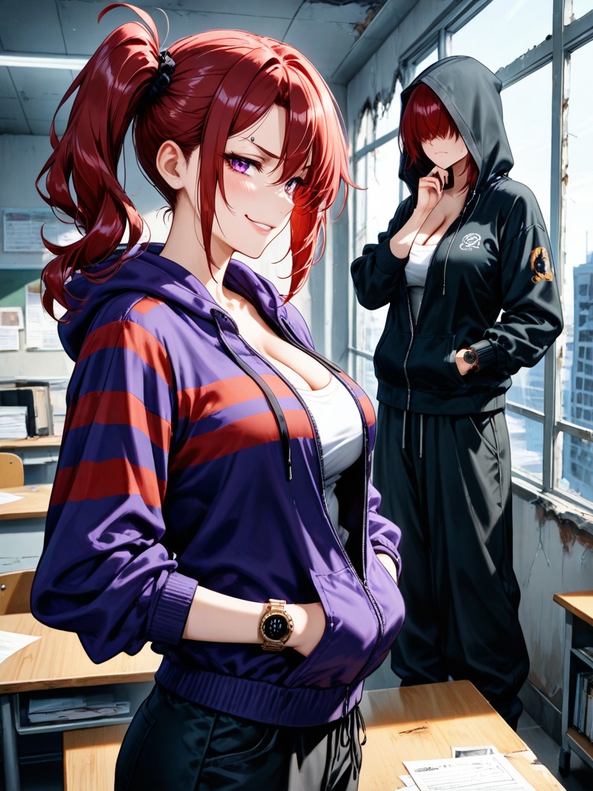 Two Women Both Looking Out Window, Abandoned Office, Cleavage Porno IA Hentai