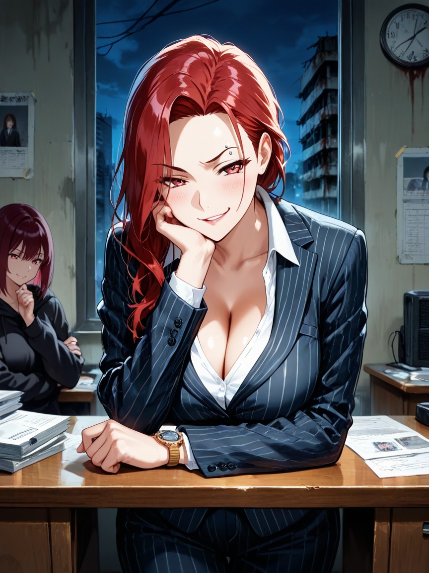 Boss Striped Suit, Standing Near Wooden Desk, Newest Hentai IA