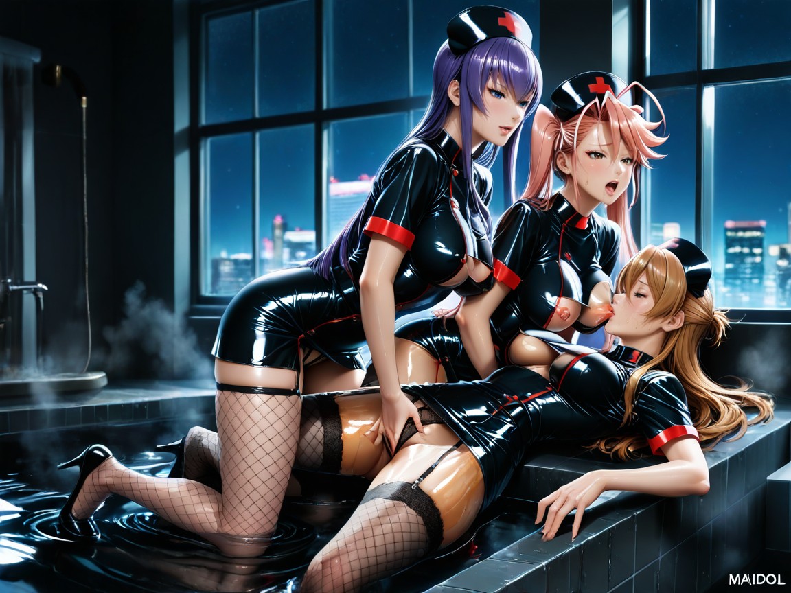 All Wearing Transparent Seethrough Shiny Full Black Nurse Uniform Dress, Oil On Face, 사이드뷰 헨타이 AI 포르노