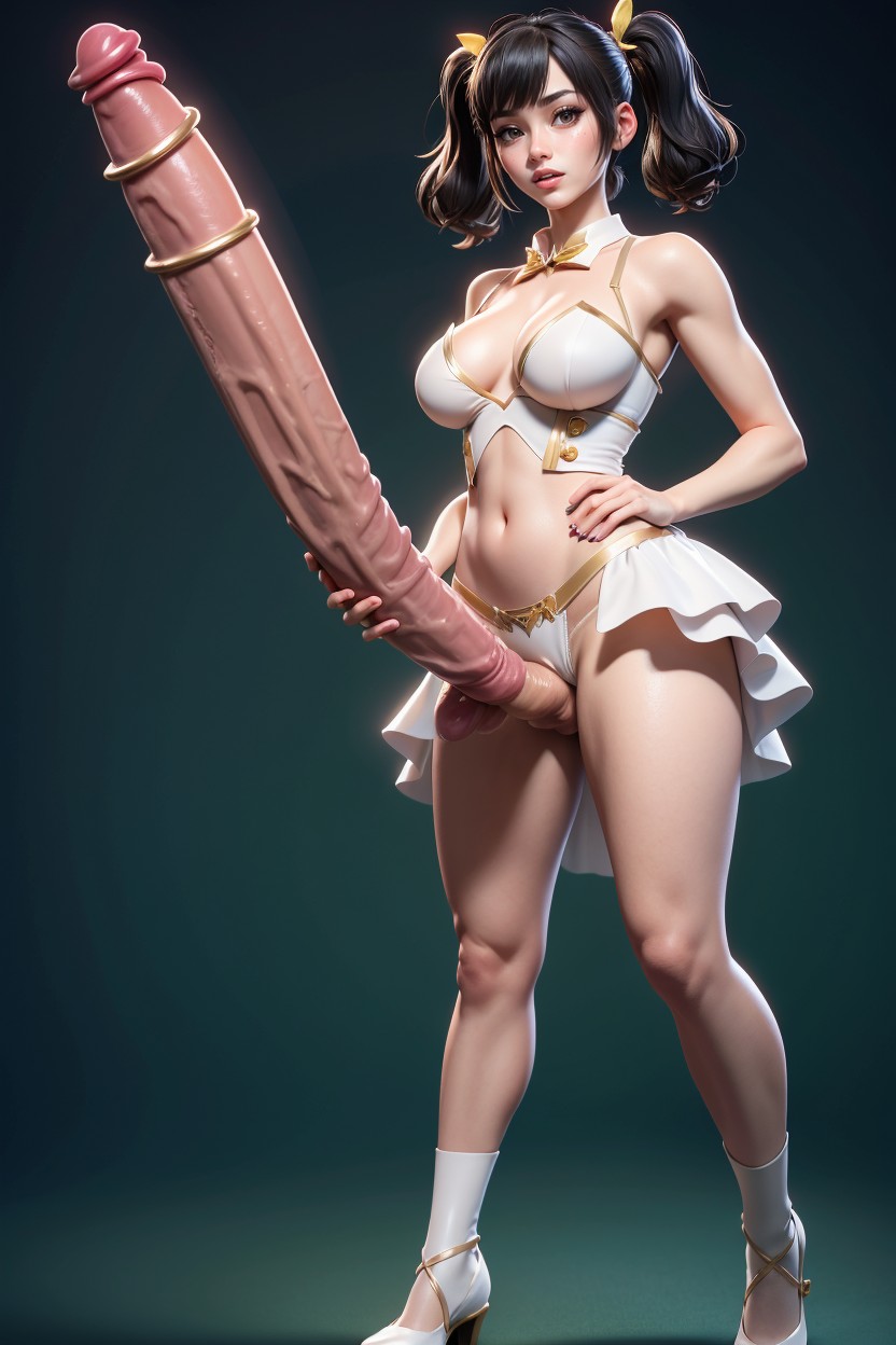 Twintail Shortcut Hair, Her Futanari Penis On Her Pussy Erects Upright, Yo Hentai IA