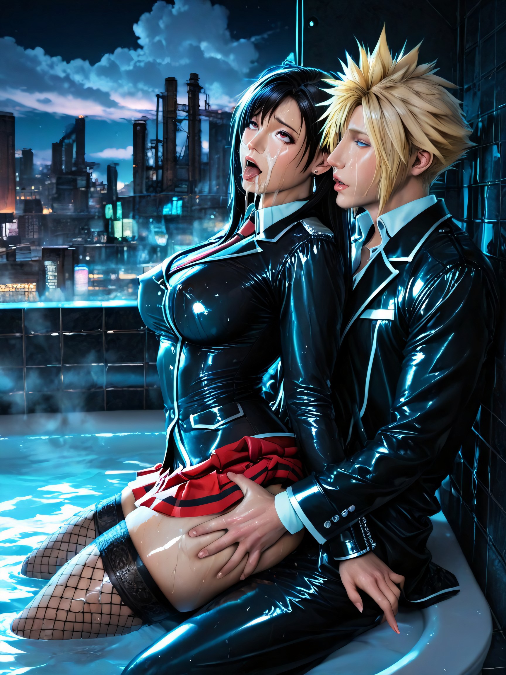 Hugging From Behind, Dystopian Industrial Dieselpunk Cyberpunk City, Steam Hentai AI Porn