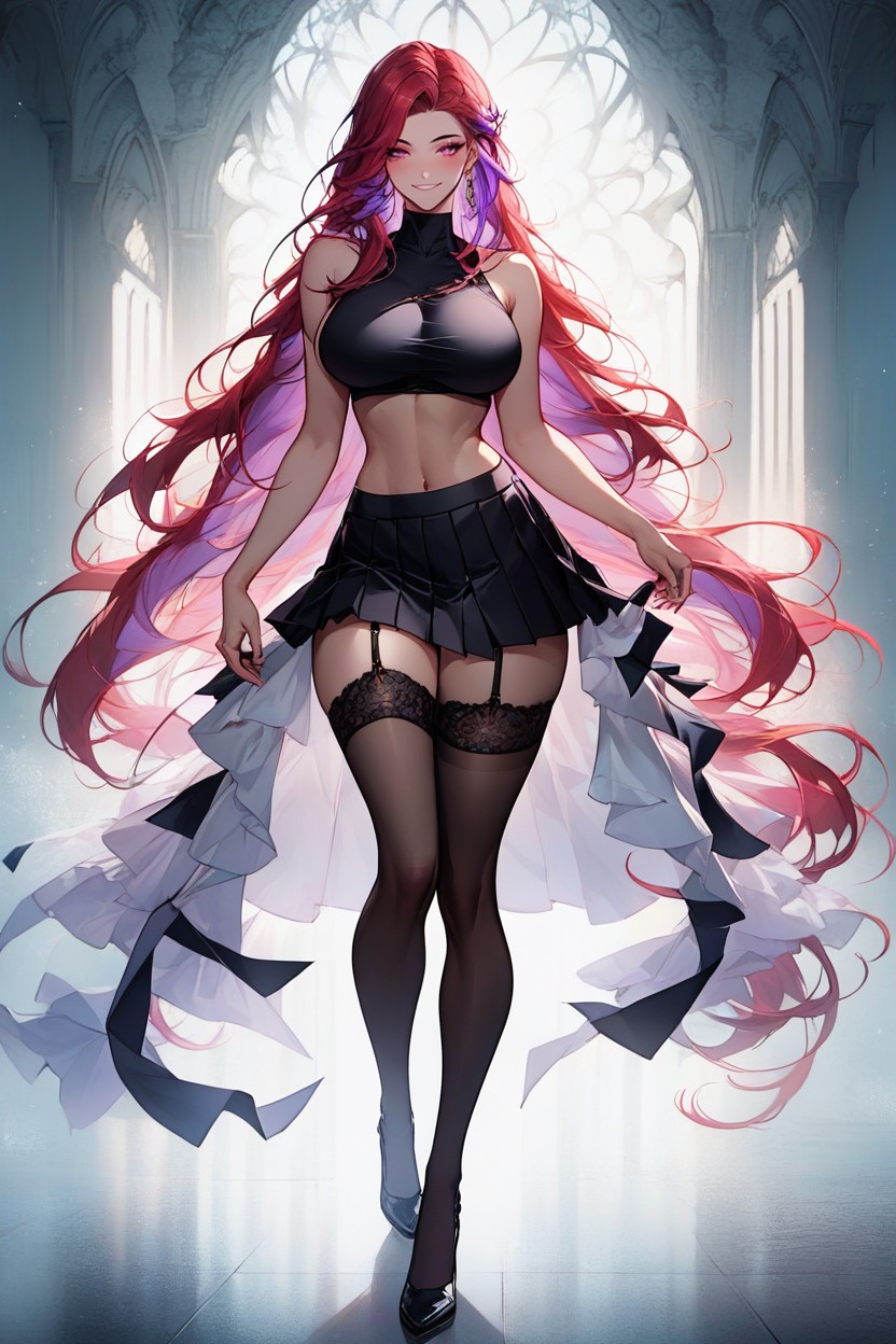Large Breasts, Standing With One Hand In Hair, Very Pleated Skirt Hentai IA