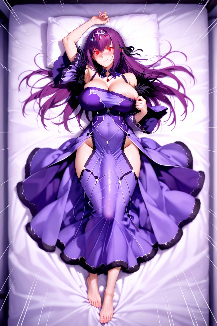 Arm Raised To Her Brow While Her Legs Are Crossed, Elongated Vertical Bulge Extends From The Groin Downward, Single Screen Hentai AI Porn