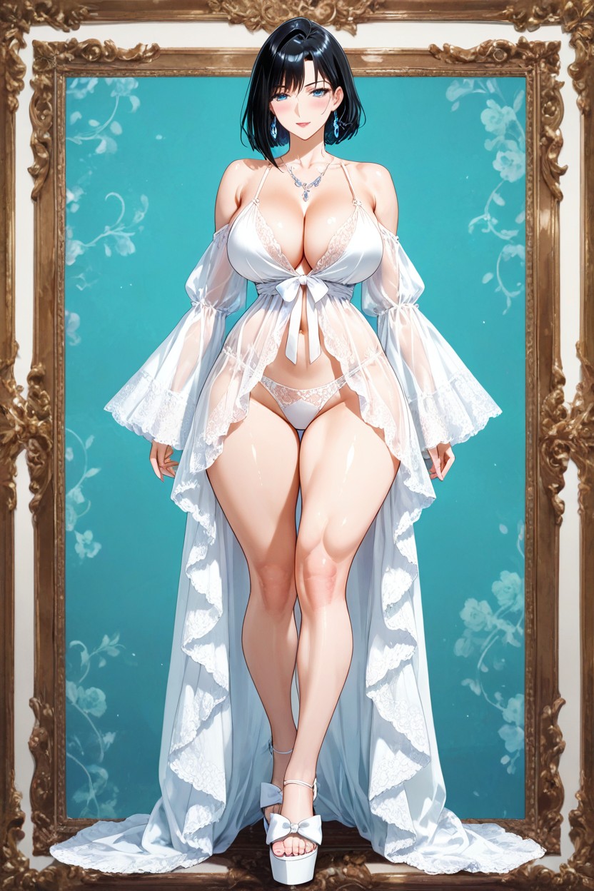 Featuring A Deep Plunging Neckline Tied With A White Bow At The Center Of Her Cleavage, Alluring, Ojos Azules Hentai IA
