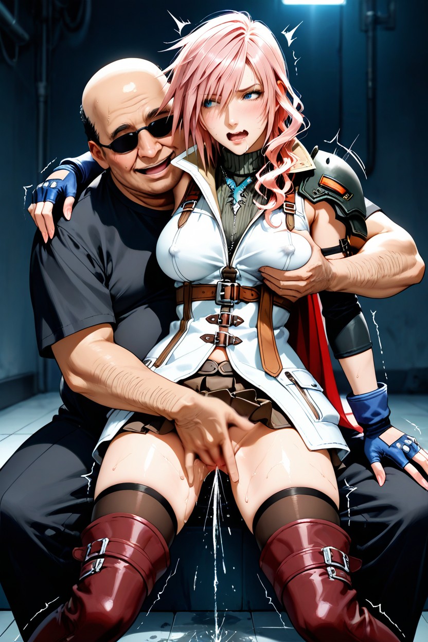 Shaking Motion Lines, Sleeveless White Military-style Collared Parka, Medium Breasts Hentai IA