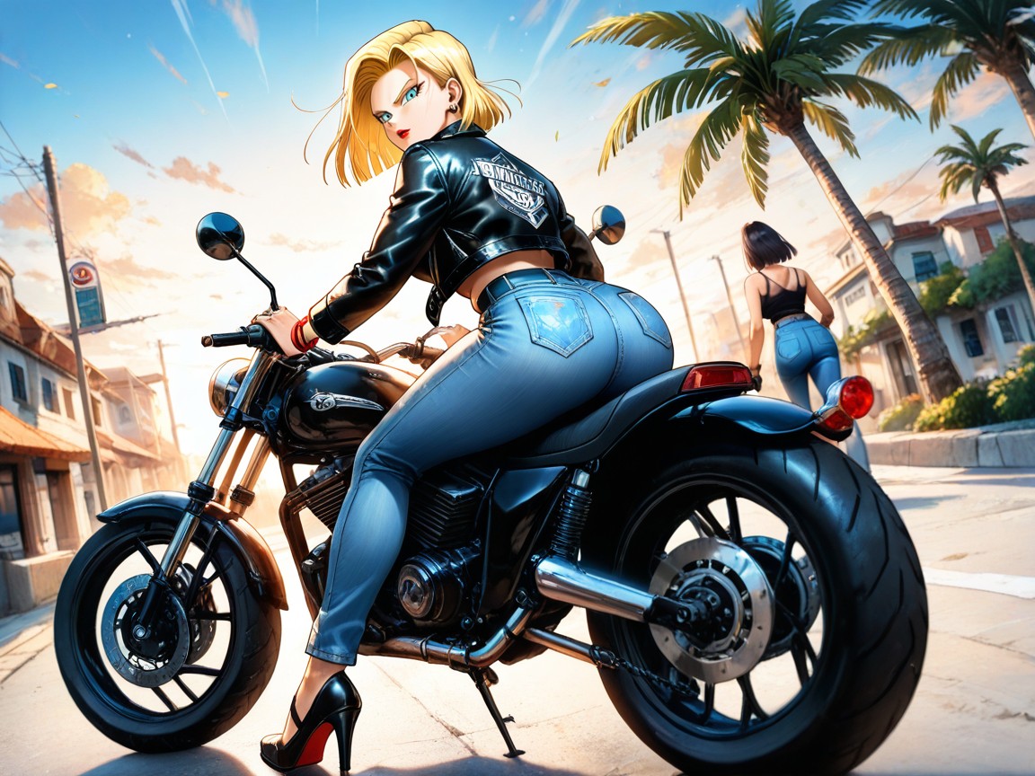 Wearing A Black Leather Jacket Denim Jeans White Sneakers, Wind In Hair, Detailed Hair Hentai AI Porn
