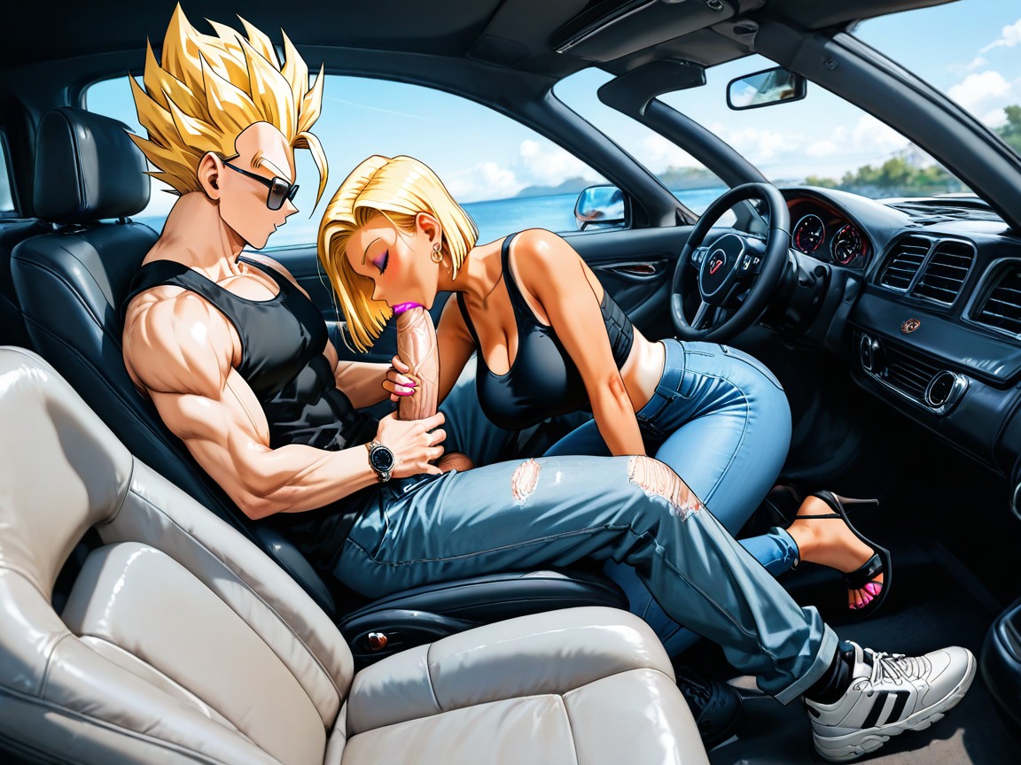 Android Wearing Denim Jeans Tight Black Singlet, Blonde Hair, Gigantic Hentai AI Porn