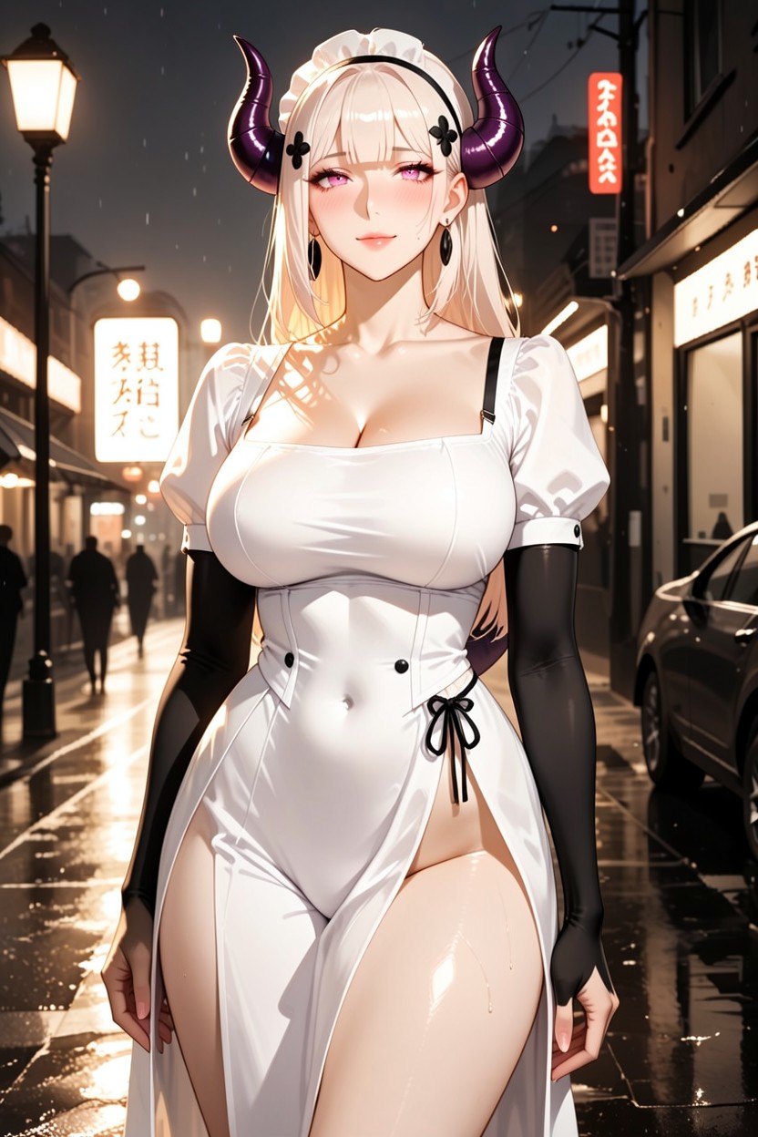 Street Lights Creating Subtle Lens Flare, Dramatic Shadows Accentuating Her Silhouette, Film Noir Style Hentai IA