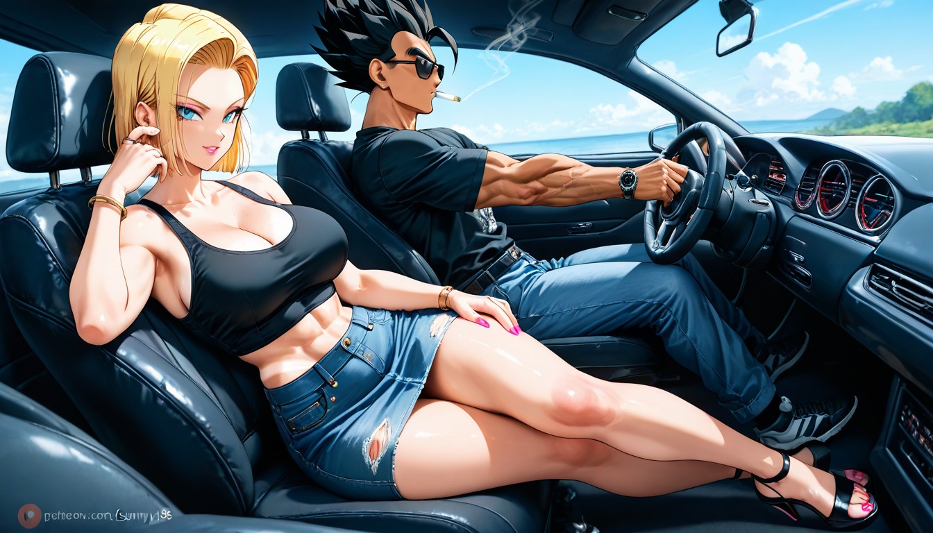 Tight Black Singlet, Android Wearing Denim Skirt, Male Is Driving Hentai IA