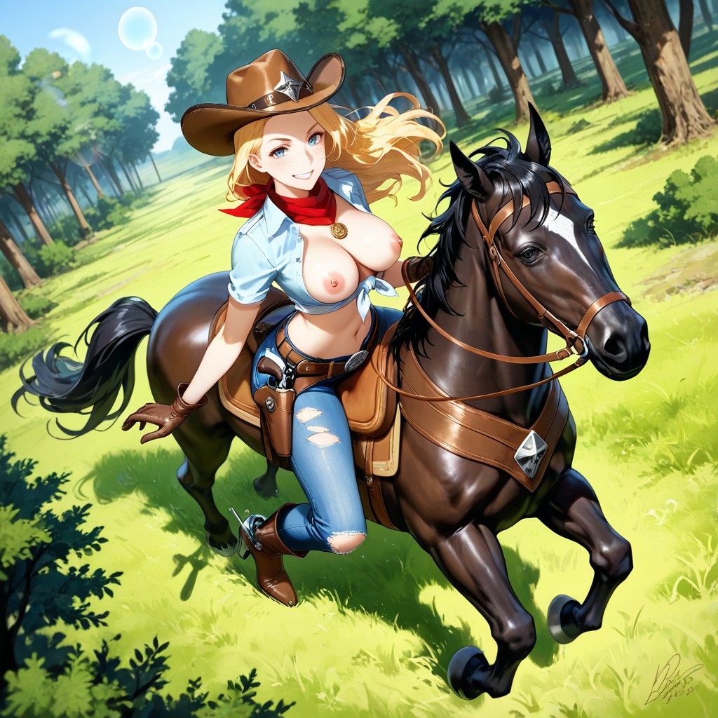 Blackhorse Running Very Fast, Reins On Both Hands, Long Blond Hair Hentai IA