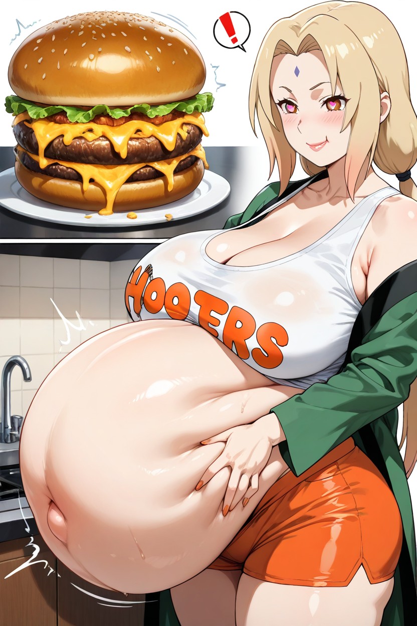Just Before Bursting Stomach Bulge, Huge Hamburger Bigger Than Tsunade's Stomach, Horny Hentai IA