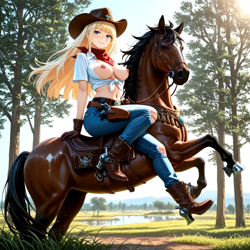 Lens Flare, Front View, Riding A Large Blackhorse Hentai IA