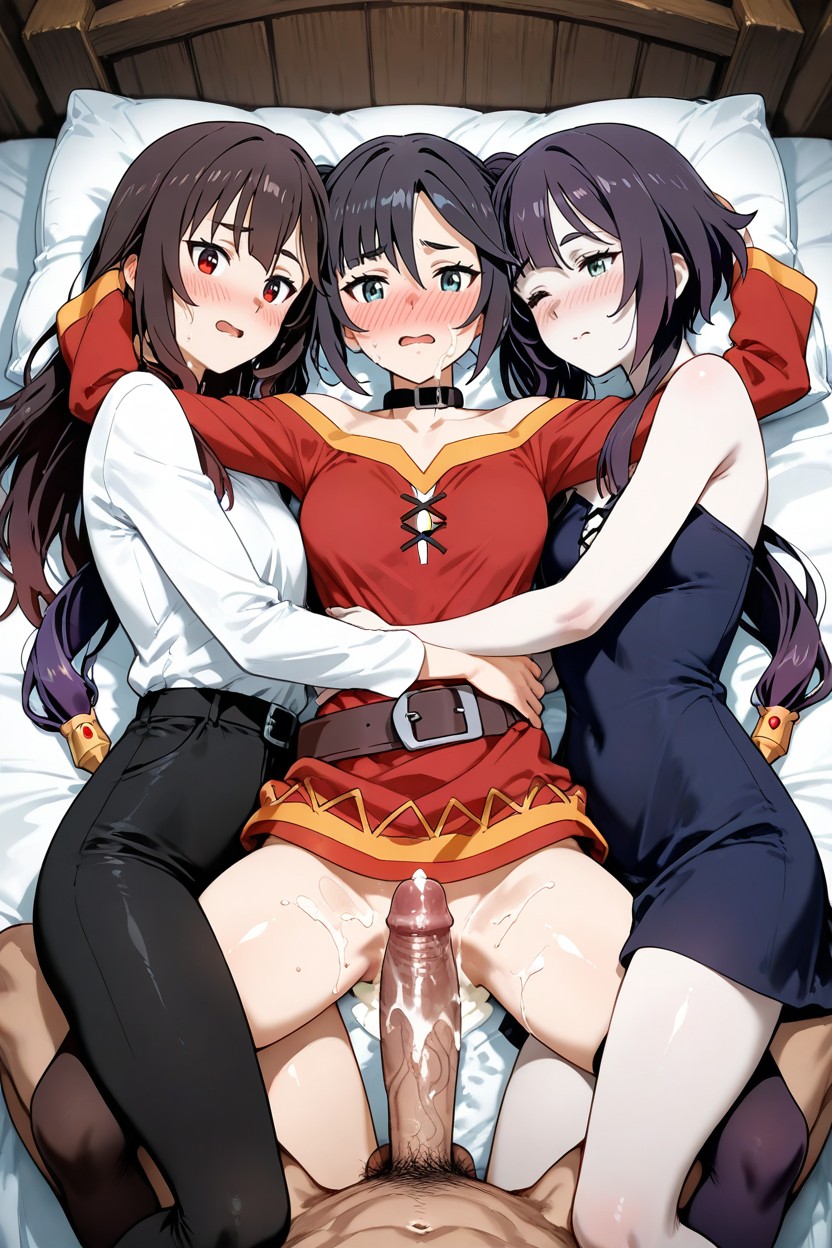 Mona And Megumin Wears Clothes And Hats, Pale Man Lying In Between Megumin And Mona In Bed, Hug Hentai IA