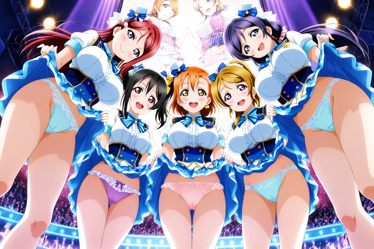 Symmetrical Poses, Many Women Skirt Lift, Stage Hentai IA