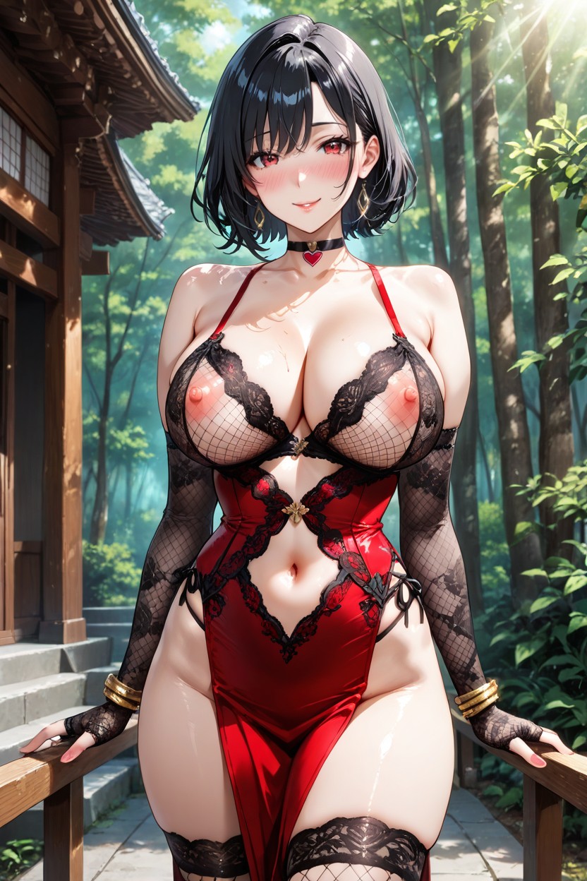 Japanese Temple In A Forest, Deep Cleavage, Emerald Heart Choker Hentai AI Porn