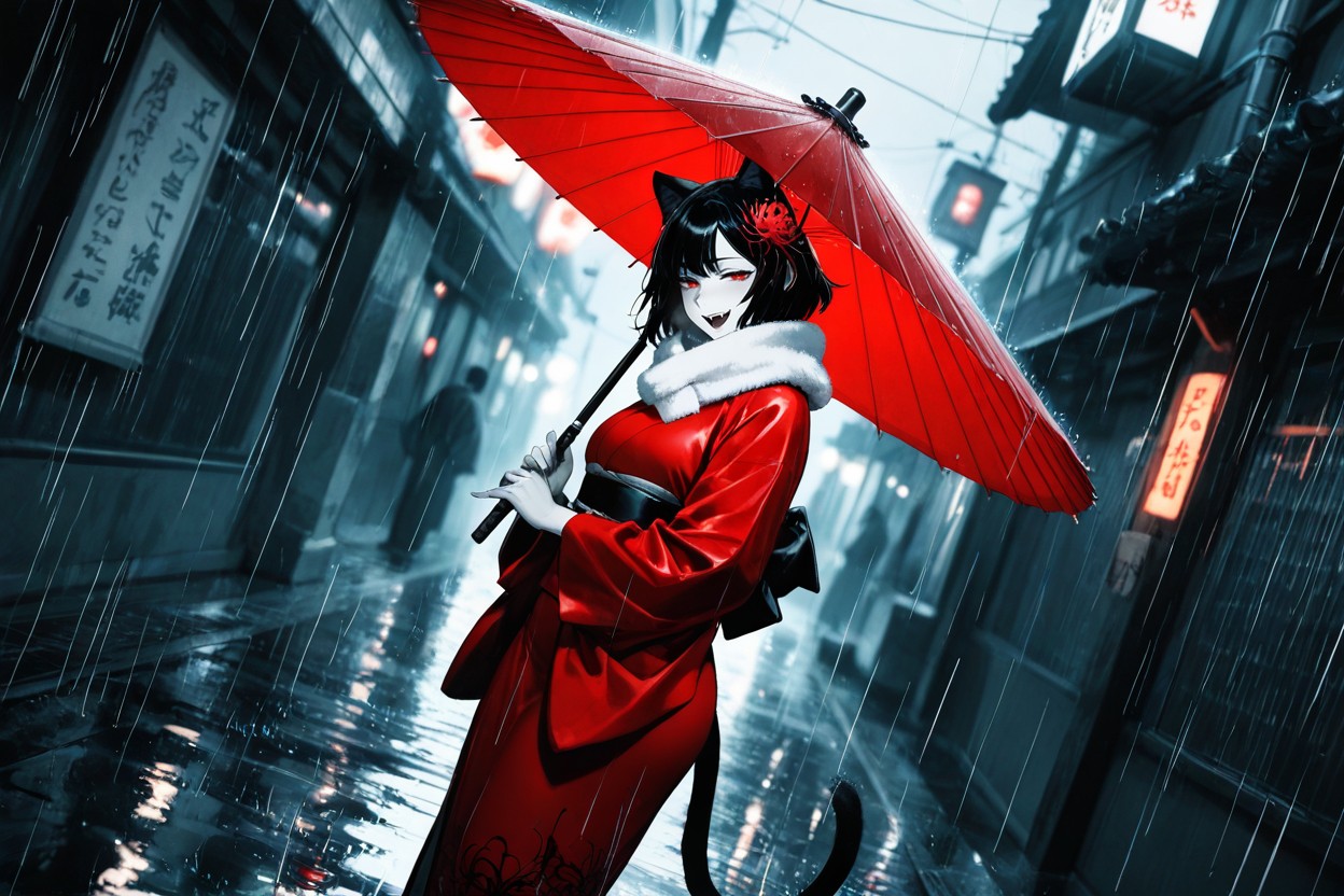 Red Eyes, Black Feline Ears, Night Hentai AI Porn
