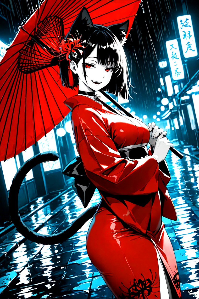 Rim Lighting, Gray Monochrome, Fangs Hentai AI Porn