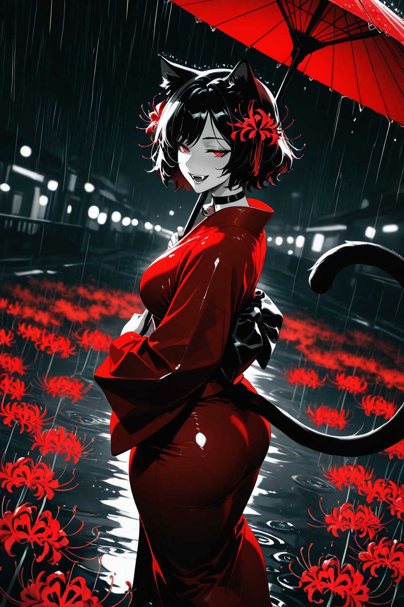 Grayscale, High Contrast, Glowing Spider Lilies On The Ground Hentai AI Porn