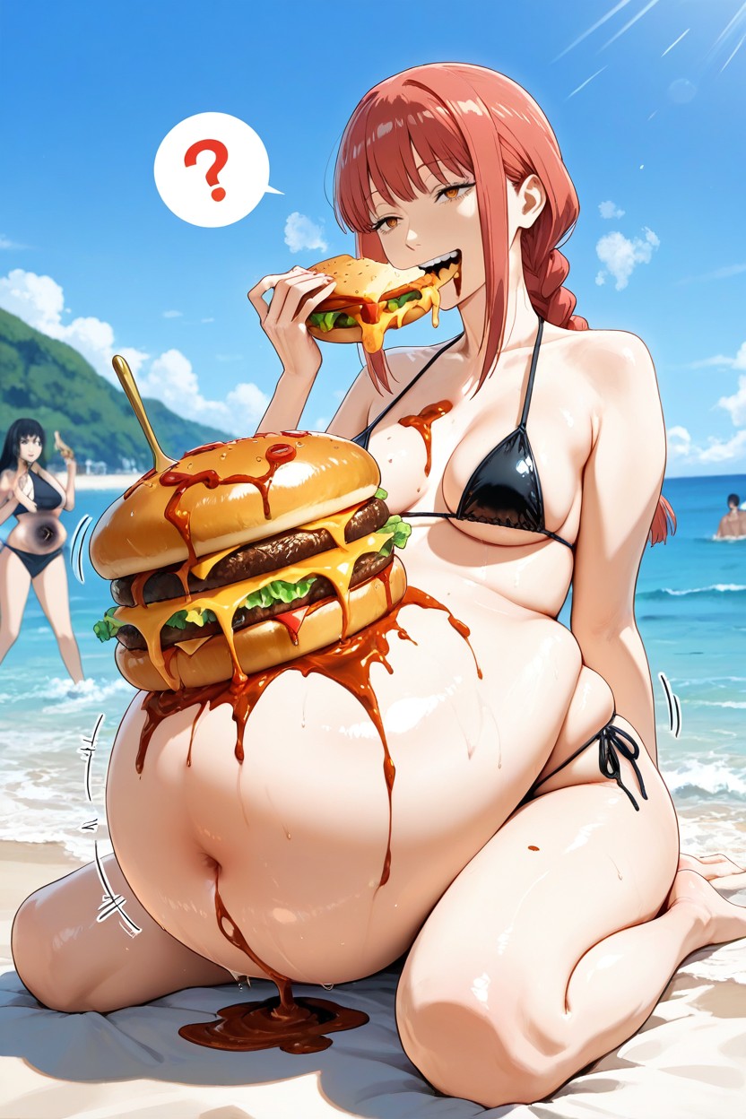 Makima Is Sitting On The Gigantic Huge Hamburger, Fully Mouth, X-ray Stomach Is Full Of Big Cheese Hentai AI Porn