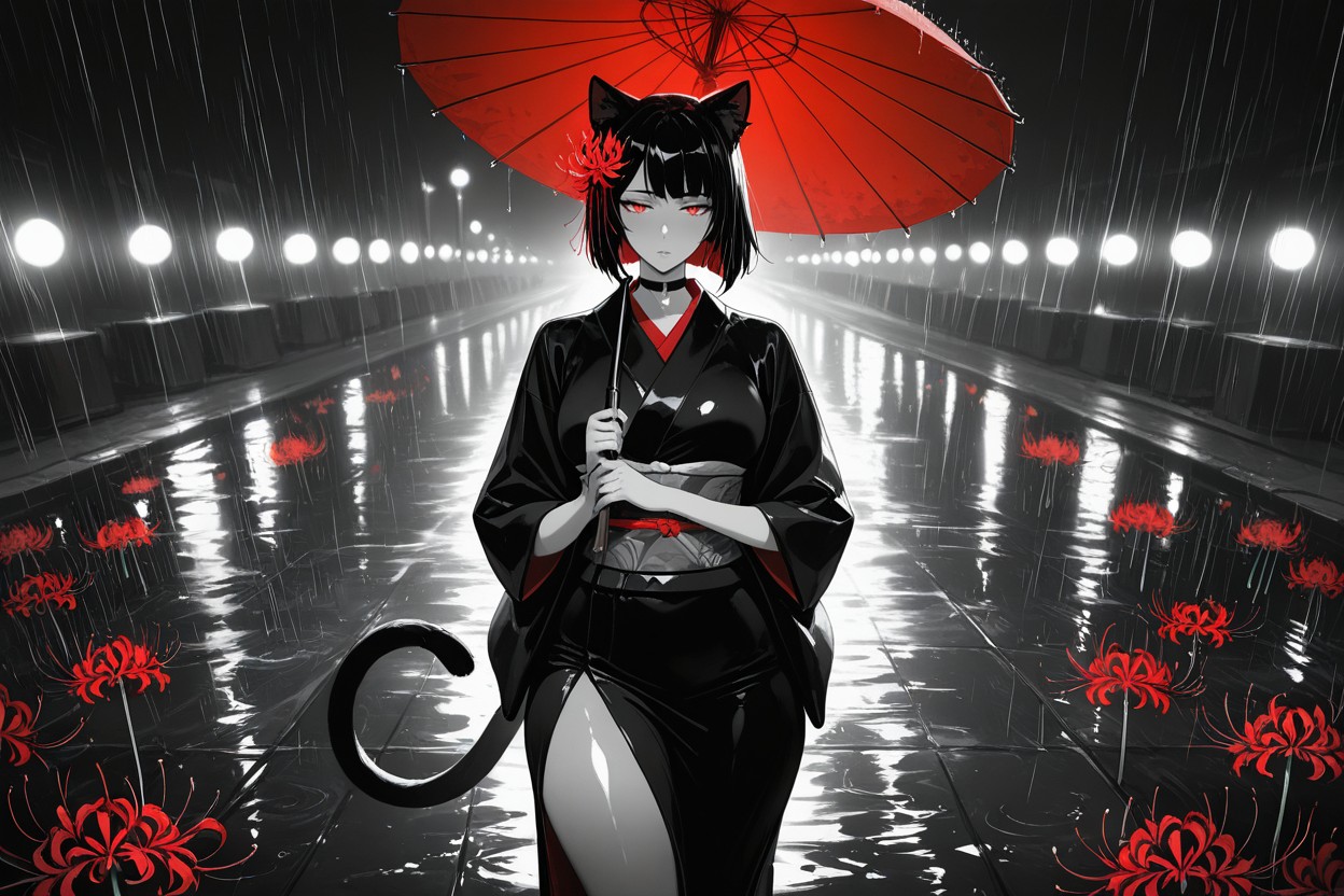 Glowing Spider Lilies On The Ground, Close Up, Hard Shadows Hentai IA