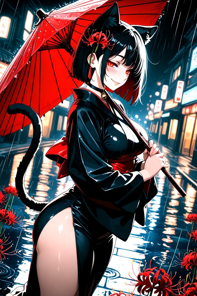 Bright Red Black Kimono, Shiny Skin, Half-closed Eyes Hentai AI Porn