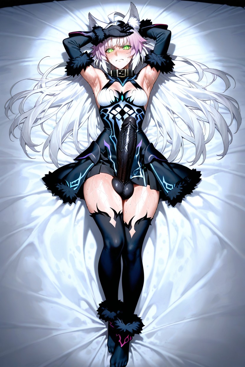 And Sharp Clawed Gauntlets Paired With Full-length Black Opaque Tights, She Is Horny, She Is Lying Centered On A Plain White Hentai AI Porn