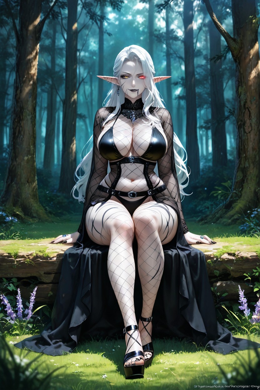 Multiple Silver Ring Piercings, Detailed Anime Illustration, Pale Lavender Skin Hentai AI Porn