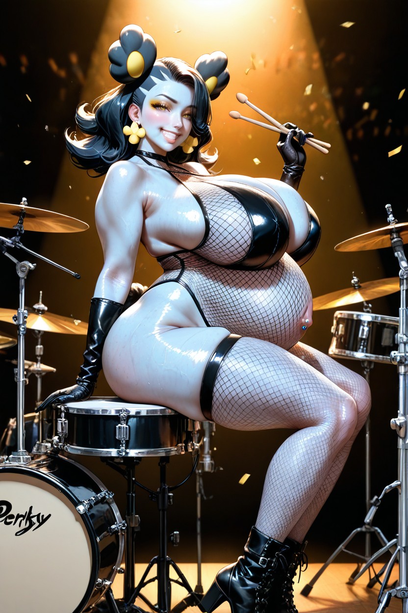 Clenched Teeth, Holding Drumsticks, Heavily Pregnant Hentai AI Porn