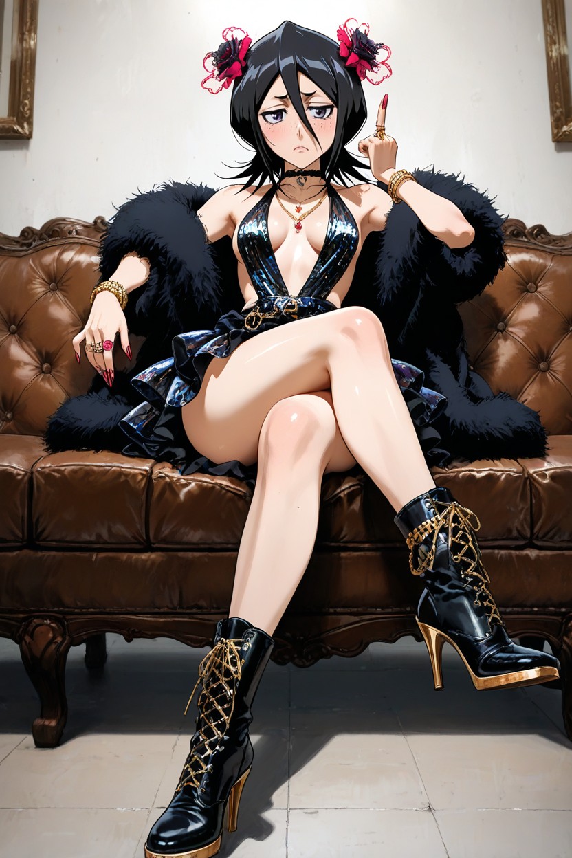 25+, Emphasizing Her Silhouette, Revealing A Portion Of Her Body Laying On Side On Brown Leather Sofa Hentai AI Porn