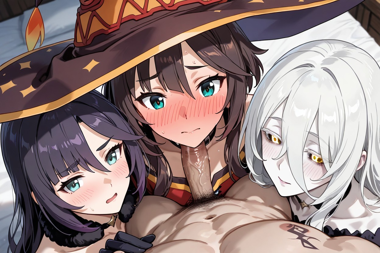 Extra Detailed, Megumin Has Crimson Eyes, Mona Has Green Eyes Hentai AI Porn