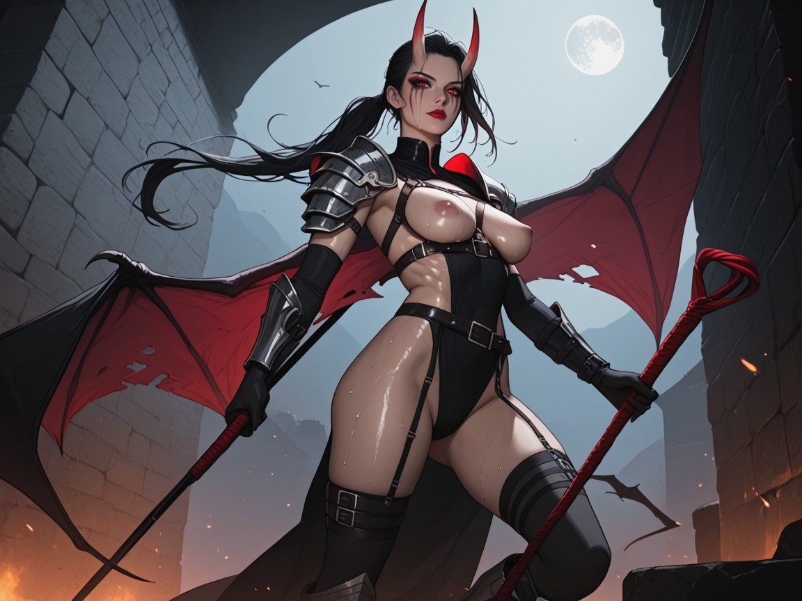 Forming Intricate Leg And Hip Patterns, Ribs Visible, Dark Gray Demon Wings Hentai AI Porn