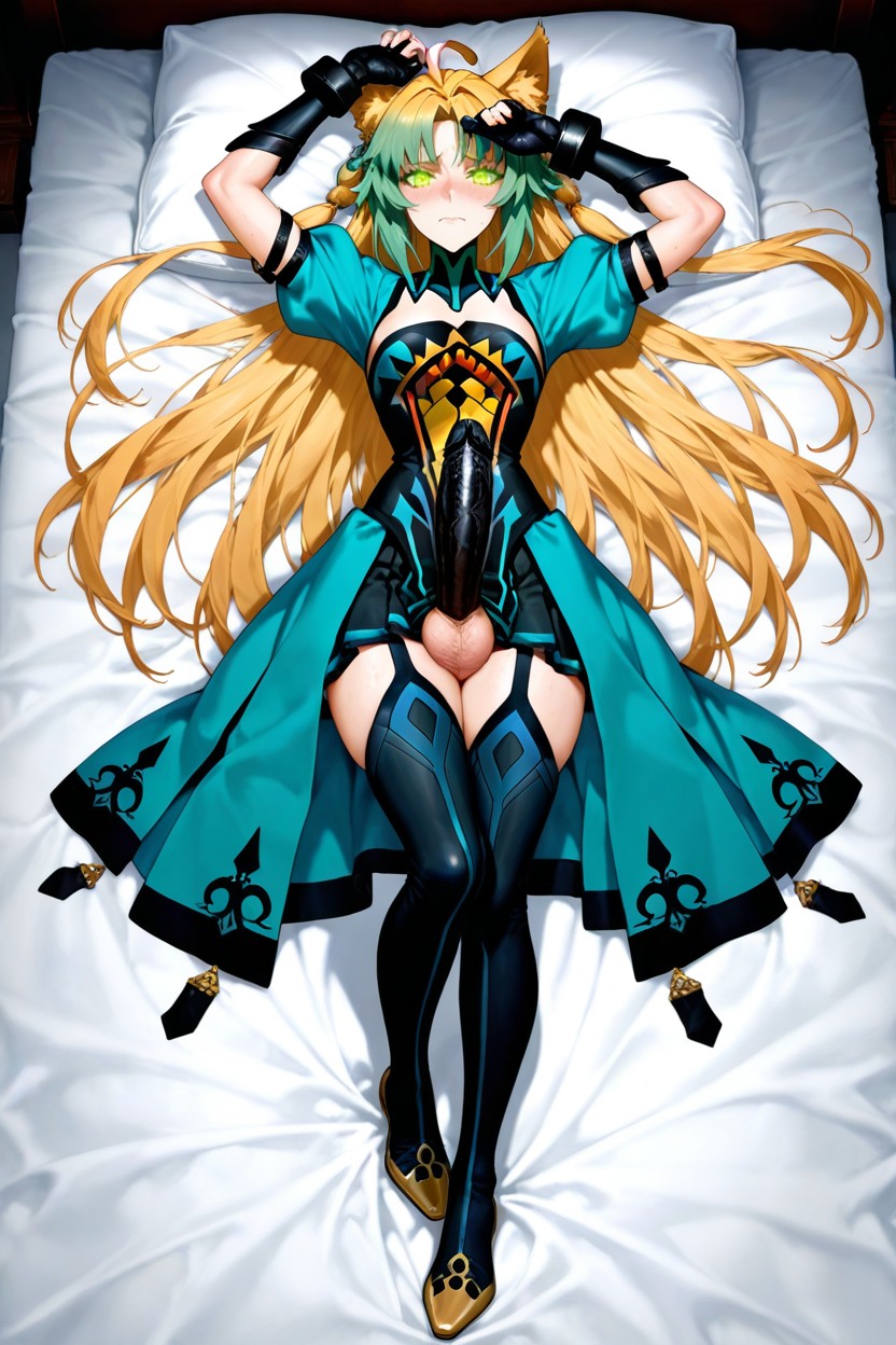 Full Body, Tall Black Thigh-high Boots With Gold-trimmed Soles, Green Eyes Hentai AI Porn