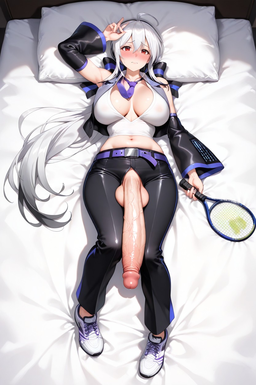 Embarrassed, Nude Breast, Cropped Sleeveless Vest With A Deep V-neck And Purple-trimmed Lapels Hentai AI Porn