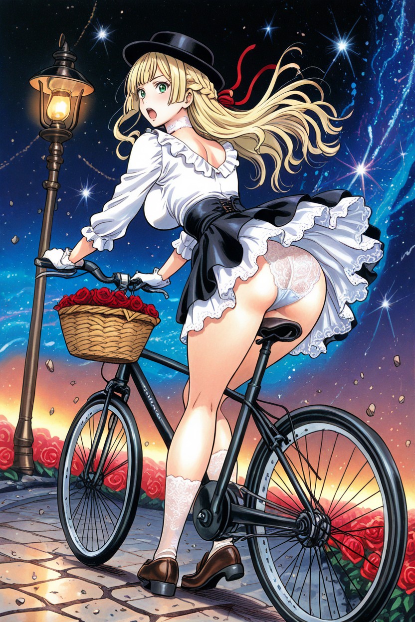 Bright Sparkly Twinkling Stars In Background, Both Feet Pedaling Bicycle, White Lace Gloves Hentai IA