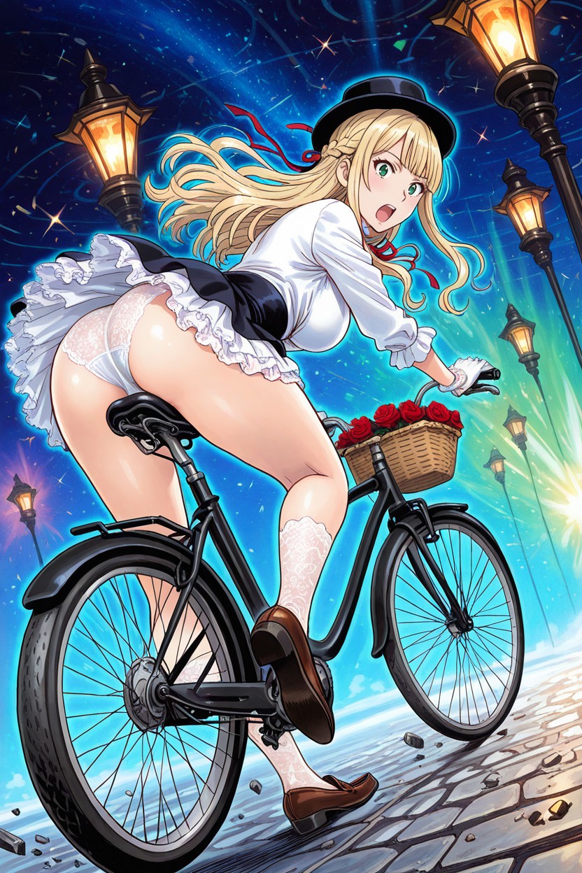 Comical Manga-style, Inter-dimensional Galactic Tunnel, Both Feet Pedaling Bicycle Hentai AI Porn
