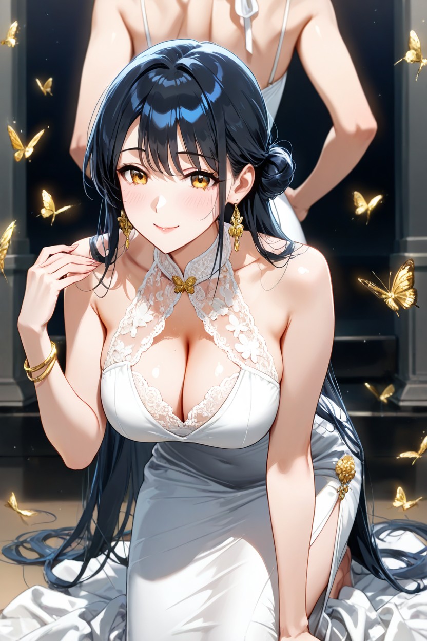 Gold Floral Clasp At The Collar, Golden Amber Eyes, Elegant Jewelry Hentai AI Porn
